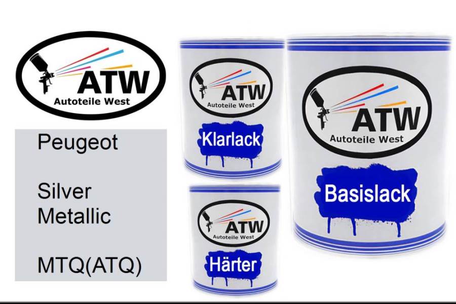 Peugeot, Silver Metallic, MTQ(ATQ): 1L Lackdose + 1L Klarlack + 500ml Härter - Set, von ATW Autoteile West.
